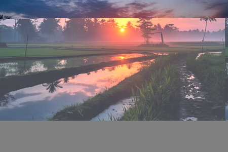 Golden Horizon: Witnessing the Majestic Sunrise over Sri Lanka's Paddy Fieldの素材