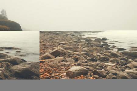 Mystical Beauty: A Stone Sea Coast Vanishes into the Enigmatic Mistの素材