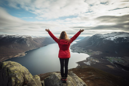 Unleashing Adventure: A Thrilling Journey of a Sportive Woman Hiking in Norway's Breathtaking Landscapeの素材