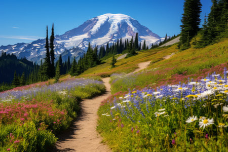 Breathtaking Blooms: Exploring the Dazzling Summer Wildflower Season at Mt. Rainier National Park's Naches Peak Loop Trail in Washington, USAの素材