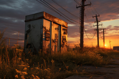 Transformed Tranquility: The Enchanting Sunset silhouettes behind an Old Electricity Transformerの素材