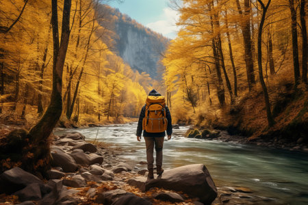 Enchanting Autumn Adventure: Backpacking Through the Forested Mountains and Golden Leaves Along the Serene Riverの素材