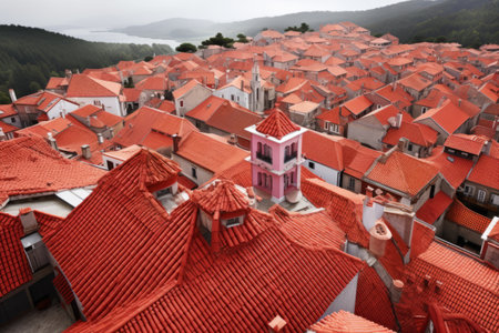 Rustic Allure: Captivating Top View of a European Village with Red Roofsの素材