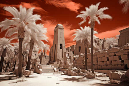 Infrared Elegance: Magnificent Two Palm Trees at the Enchanting Temple of Karnak, Luxor, Egyptの素材