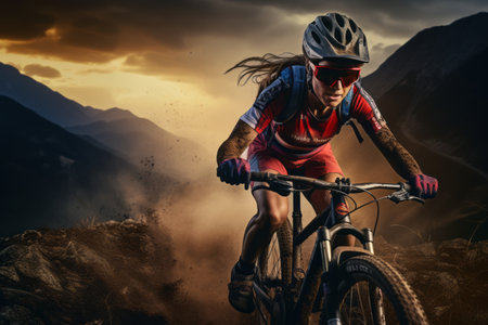 Conquering the Untamed Terrain: A Woman Cyclist Tackles the Mountain Trails with Her Bikeの素材
