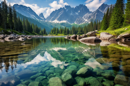Captivating Water Reflection: Popradske Pleso in Slovakia's High Tatras Mountainsの素材
