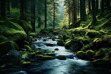 The Majestic Journey: Mountain Streams Serenade the Enchanted Forestの素材