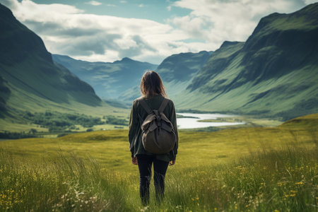 Embracing the Serenity: A Woman's Reflection on the Scottish Landscape from a Meadow After an Adventurous Hikeの素材