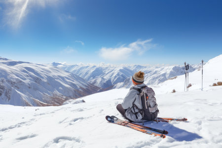 Snowy Serenity: A Skier's Pause in Sierra Nevada, Andalusia, Spainの素材