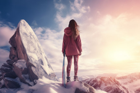 Adventurous Young Woman Embraces Winter Wonderland with Her Snowboard at Breathtaking Ski Resortの素材