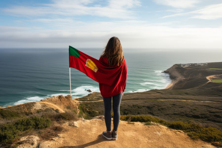 Exploring the Majestic Beauty of Cape Cabo da Roca: A Winter Trip with a Young Woman Tourist Embracing the Portuguese Spirit.の素材
