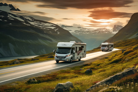 Uncovering Norway's Beauty: A Glimpse of Two Motorhomes on a Breathtaking Summer Adventure along the Northern Scenic Roadの素材