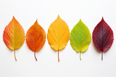 Vibrant and Colorful Leaf Ensemble: A Captivating Display on White Paperの素材
