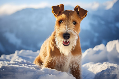 Frozen Adventures: Hiking with a Joyful Fox Terrier in the Snowy Mountainsの素材
