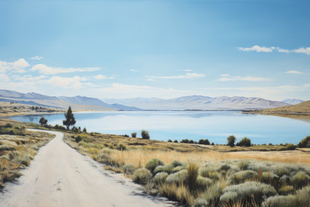 A Serene Journey: The Long Road Alongside the Small Lakeの素材