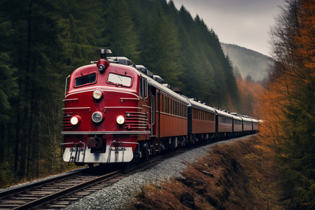 Nostalgic Charm: Exploring the Delights of Bieszczady Mountains Aboard an Old Retro Red Locomotive - A Captivating Vintage Train Tourist Attraction in Polandの素材