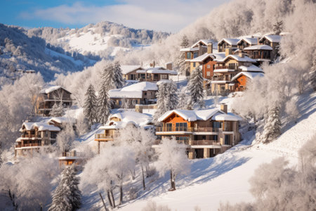 Winter Wonderland: Square Houses and Snowy Trees in Park City Utahの素材