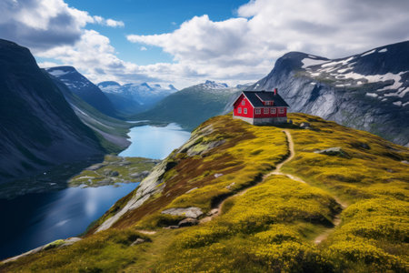 Vibrant Colors: Exploring the Red House and Yellow Meadow on Norway's Trolltunga Trailの素材