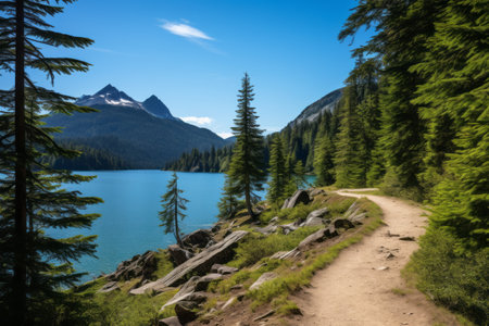 Journey Along the Enchanting Recreational Trail amidst Serene Blue Waters, Evergreen Trees, and Majestic Mountainsの素材
