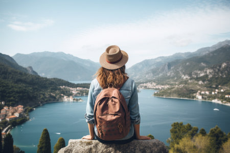 Lost in Serenity: A Wanderlust Woman's Back View of Majestic Lake and Mountain Sceneryの素材