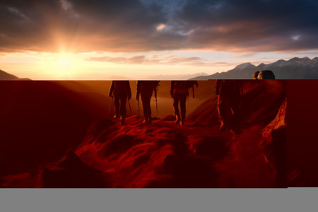 Embracing the Serenity: A Group of Adventurous Hikers Embarks on an Early Morning Mountain Trekの素材