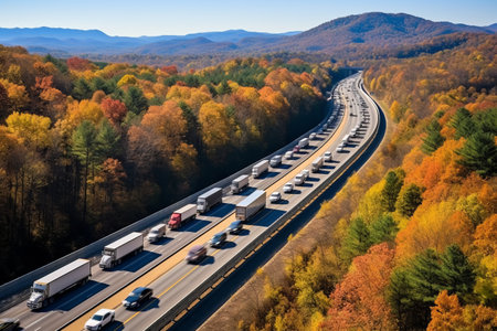 The Breathtaking Journey: Exploring the Scenic I-40 Freeway in North Carolina, Immersed in Autumn Hues, Surrounded by Majestic Appalachian Mountains, Amidst Swift Interstate Transportationの素材