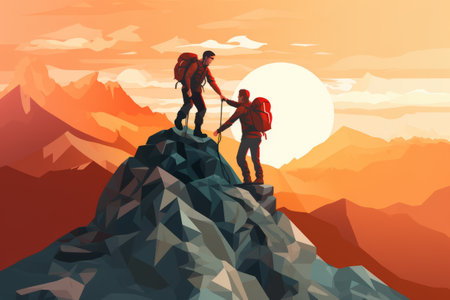Scaling the Summit Together: AI-Generated Illustration Depicting a Hiker Assisting their Friend to Reach the Mountain Topの素材