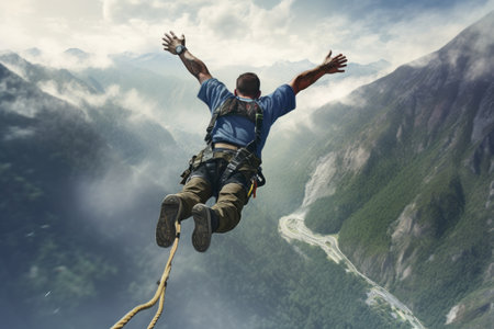 Thrilling Adventure: Man Takes a Leap of Courage in Mountain Bungee Jumpの素材