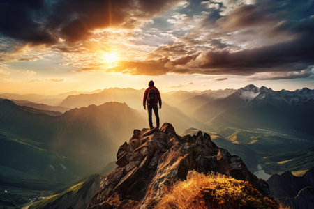 Enchanting Twilight atop the Majestic Mountain: A Hiker's Surreal Sunset Panoramaの素材