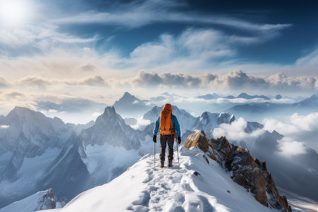 Summiting Serenity: A Majestic Panorama of a Mountaineer Conquering Snowy Heightsの素材