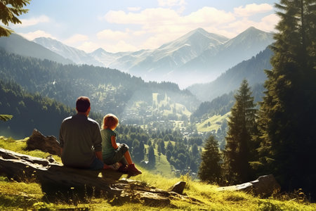 Bonding Bliss: Father and Daughter Find Serenity in a Sun-Kissed Pine Forest Retreatの素材