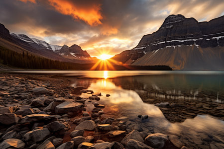 Captivating Sunrise at Bow Lake: A Panoramic View of Banff National Parkの素材
