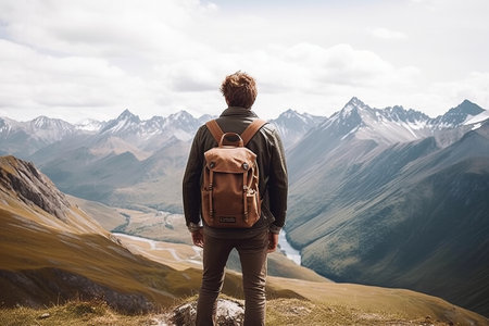 Journey Through Majestic Peaks: A Back View Portrait of a Travelerの素材