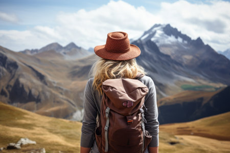 Journey Through the Mountains: A Captivating Back View of a Fearless Travelerの素材