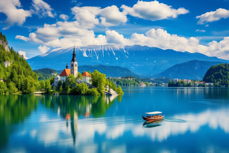 The Enchanting Beauty of Lake Bled: Discover Slovenia's Most Famous Lake featuring the Pilgrimage Church of the Assumption of Mariaの素材
