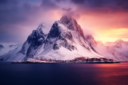 Winter's Enchantment: Shimmering Snow Mountain on Lofoten Islandsの素材