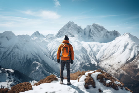 Journeying through Winter Wonderland: An Inspiring Tale of a Male Travel Influencer amidst Snowy Mountain Landscapesの素材