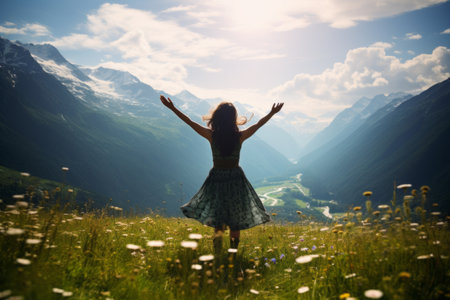 Reaching for Freedom: A Girl's Joyful Leap on the Mountain Meadowの素材