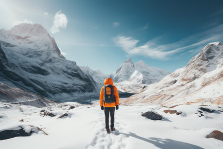 Conquering the Peaks: A Male Travel Influencer's Journey in a Snowy Mountain Landscapeの素材