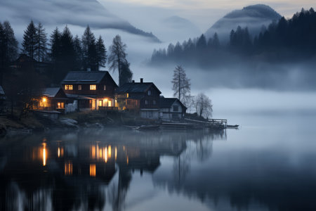 Mystical Serenity: Capturing the Enchanting Stillness of a Mountainous Lake's Foggy Mornの素材