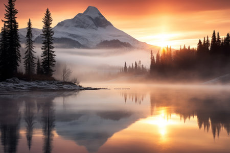 Majestic Sunrise: Enveloped in Fog at Medicine Lake in Jasperの素材