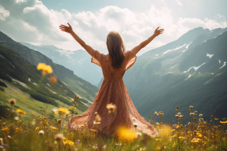 The Enchanting Summer Magic: A Girl Embracing the Meadow in the Majestic Mountainsの素材