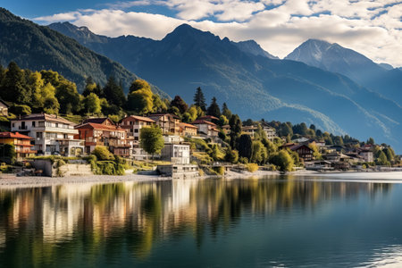Enchanting Serenity: A Captivating Small Town Nestled by the Lake and Embraced by Majestic Mountainsの素材