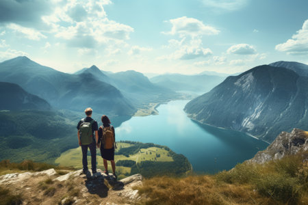 Captivating Vistas: Adventurous Hikers Embrace Majestic Mountains and Serene Lakes in Blissful Summerの素材