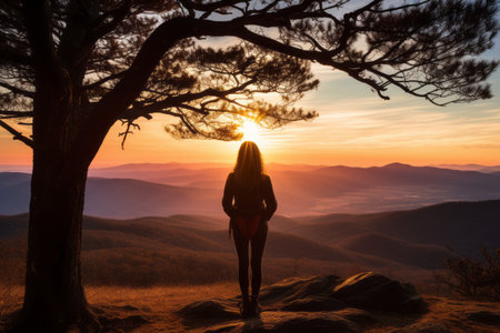 Serenity Unveiled: A Woman's Blissful Sunset Experience from Skyline Drive in Shenandoah National Park, Virginiaの素材