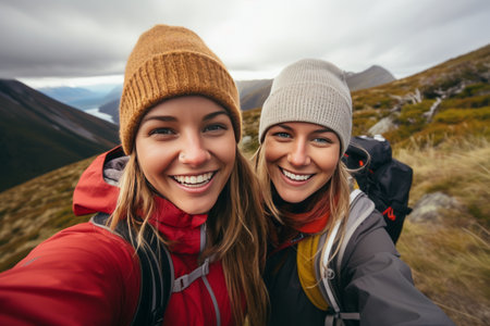 Capturing Joy: Smiling Friends Embrace the Mountains, Hiking and Selfie-ingの素材