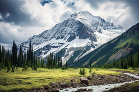 Capturing the Majestic Beauty: Vertical View of Rocky Mountains beneath a Dramatic Cloudy Skyの素材