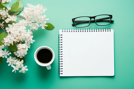 Work from Home: A Productive and Cozy Desk Office Setup with Laptop, Notebook, Flower, Glasses, Coffee Cup, and Penの素材