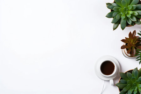 Modern Coziness: A Visual Symphony of Coffee, Smartphone, Headphones, and Succulent Plant on a White Surface Mock Up [3:2 AR]の素材