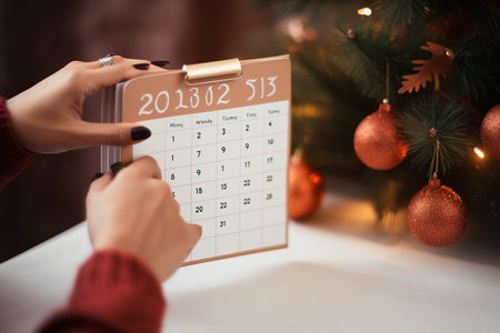 Organizing the Year Ahead: Female Hand Holding Table Calendar & To-Do List in Preparation for 2023 Goalsの素材